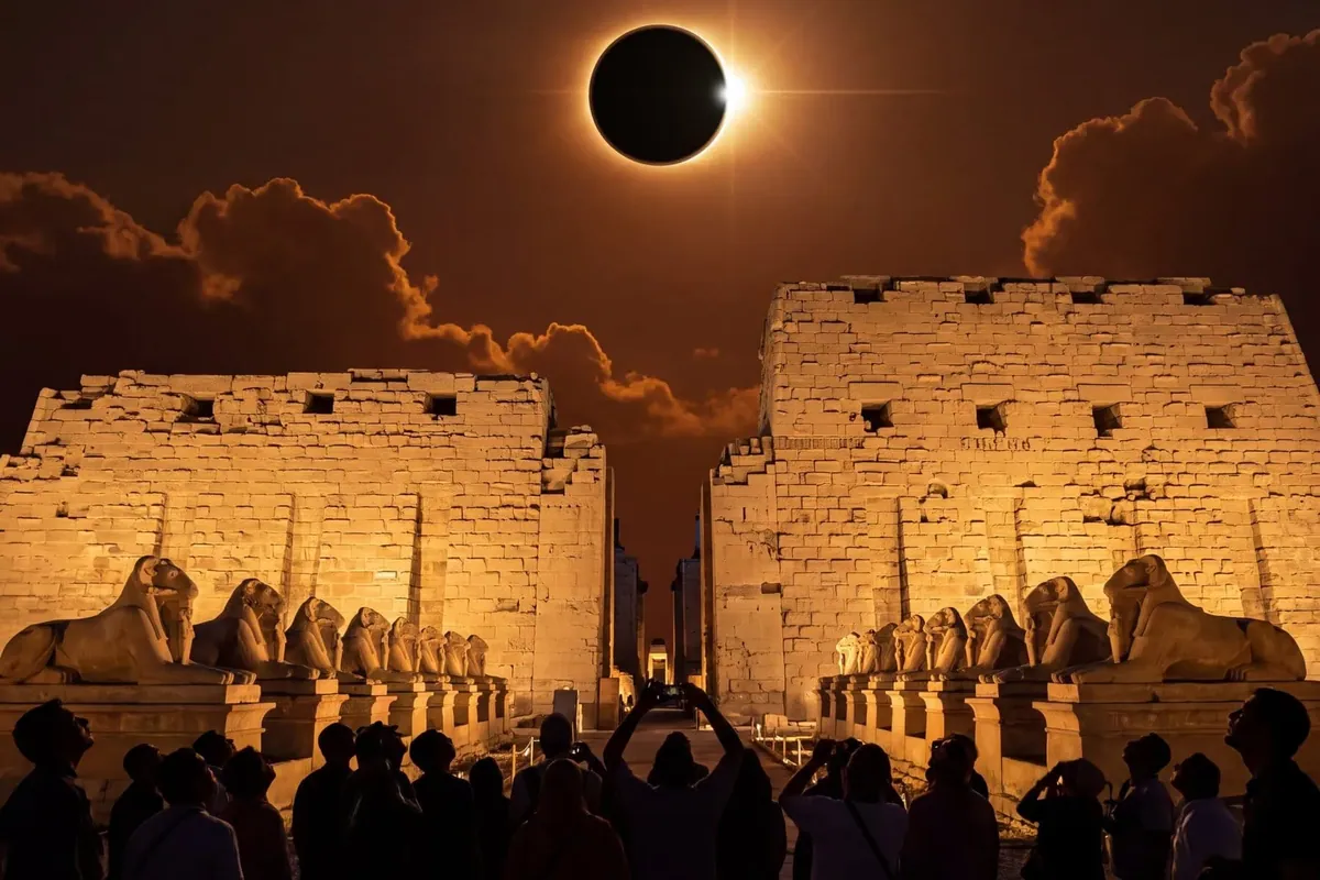 A total solar eclipse high above the floodlit pylons of Karnak Temple in Luxor, with a crowd in silhouette looking up